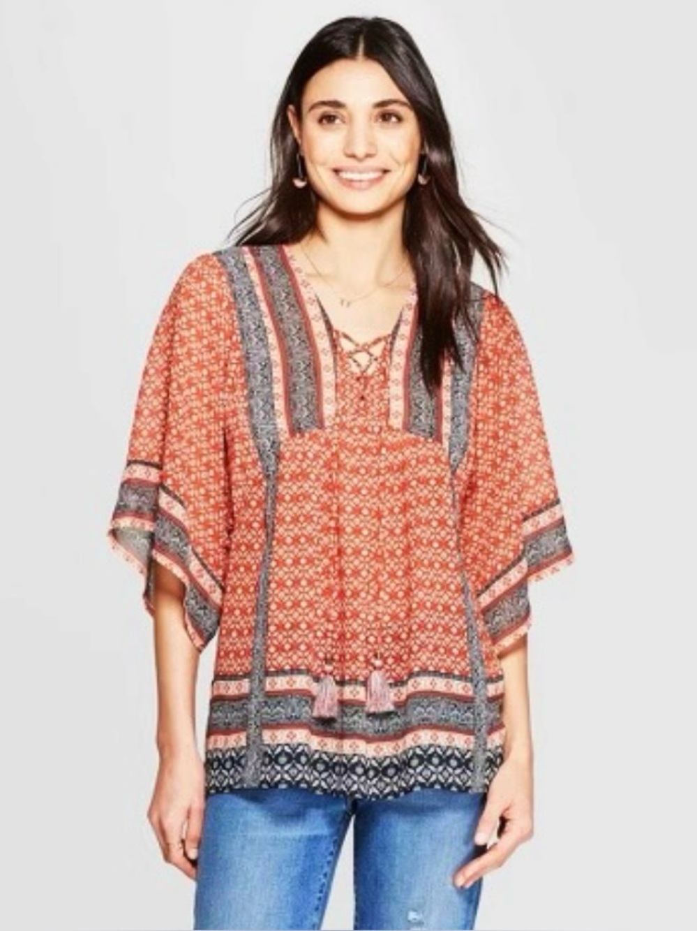 Knox Rose Boho Red Navy Tassel Lace-Up Blouse Size XL